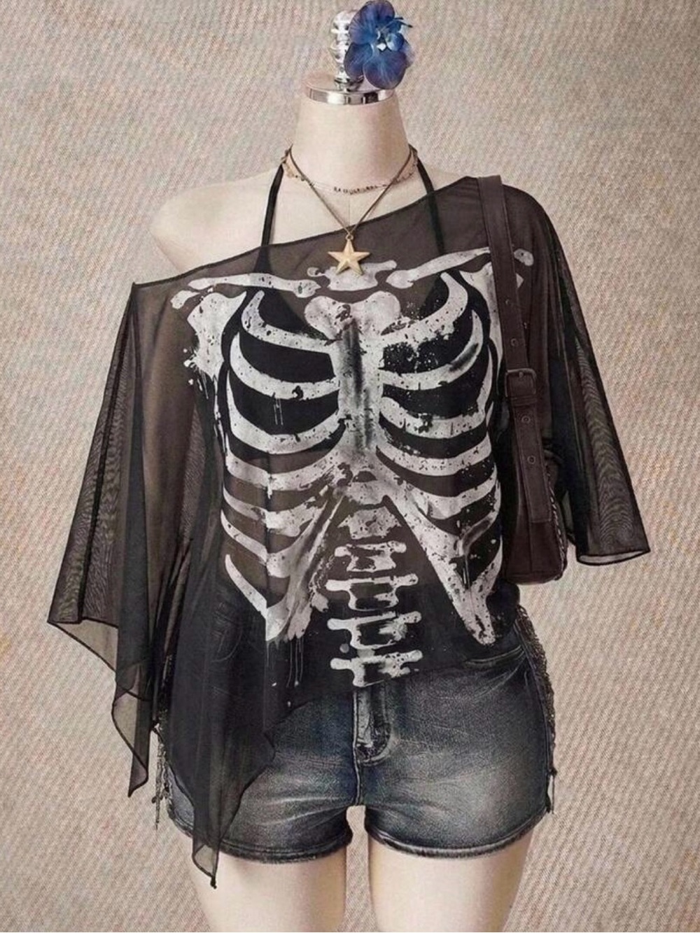 Sheer Black Skeleton Graphic Off-Shoulder Top - Black